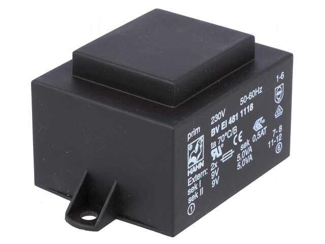 Transformator: ingegoten; 10VA; 230VAC; 9V; 9V; 556mA; 556mA; PCB Transformator: ingegoten; 10VA; 230VAC; 9V; 9V; 556mA; 556mA; PCB